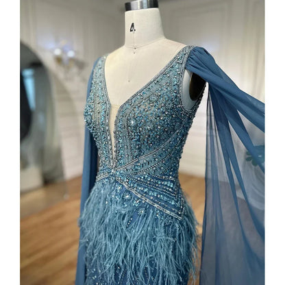 Arabisch Blau Meerjungfrau Elegant Mit Cape Luxus Perlen Feder Dubai Abendkleider Kleider für Frauen Party LA71583B 