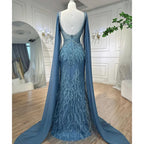 Arabisch Blau Meerjungfrau Elegant Mit Cape Luxus Perlen Feder Dubai Abendkleider Kleider für Frauen Party LA71583B 