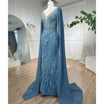 Arabisch Blau Meerjungfrau Elegant Mit Cape Luxus Perlen Feder Dubai Abendkleider Kleider für Frauen Party LA71583B 