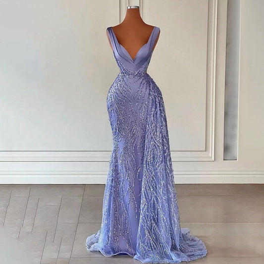 Arabisch Blau Meerjungfrau Elegant Mit Rock Sexy Tiefem V-ausschnitt Abendkleider Kleider Perlen 2025 Für Frauen Party LA71751