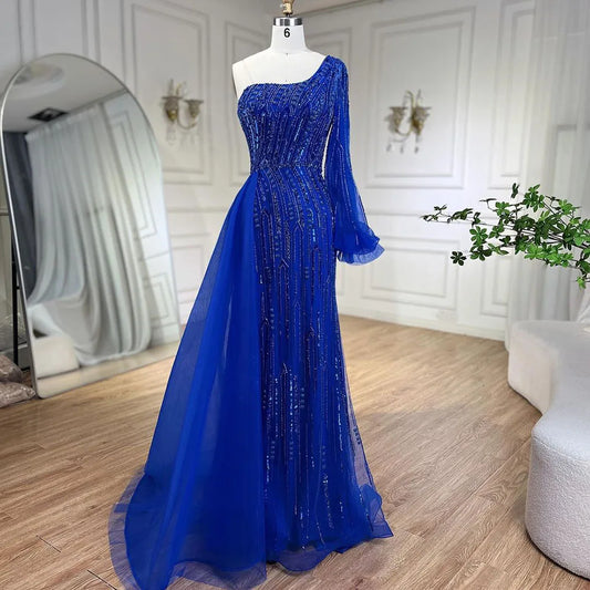 Arabisches blaues Meerjungfrau-Abendkleid mit perlenbesetztem Überrock – Luxuskleider für die Hochzeitsfeier der Frau 2025 LA72226 