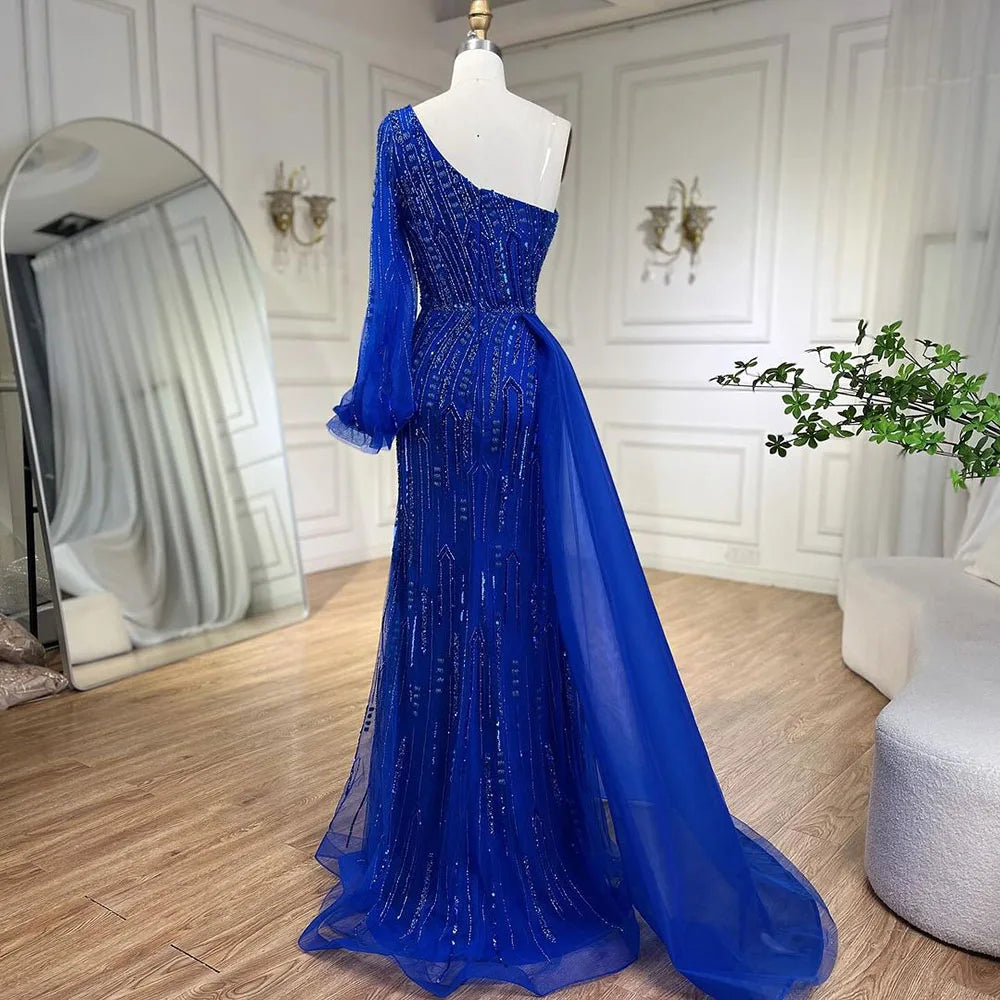 Vestido de noche árabe de sirena azul con sobrefalda de cuentas - Vestidos de lujo para bodas de mujer 2025 LA72226 