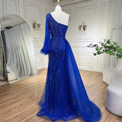 Vestido de noche árabe de sirena azul con sobrefalda de cuentas - Vestidos de lujo para bodas de mujer 2025 LA72226 