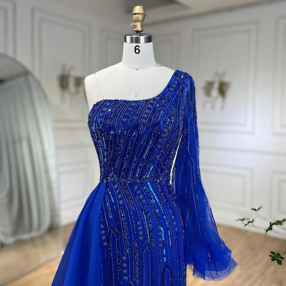 Vestido de noche árabe de sirena azul con sobrefalda de cuentas - Vestidos de lujo para bodas de mujer 2025 LA72226 