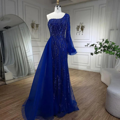 Vestido de noche árabe de sirena azul con sobrefalda de cuentas - Vestidos de lujo para bodas de mujer 2025 LA72226 
