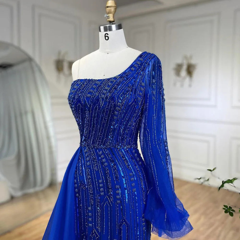 Vestido de noche árabe de sirena azul con sobrefalda de cuentas - Vestidos de lujo para bodas de mujer 2025 LA72226 