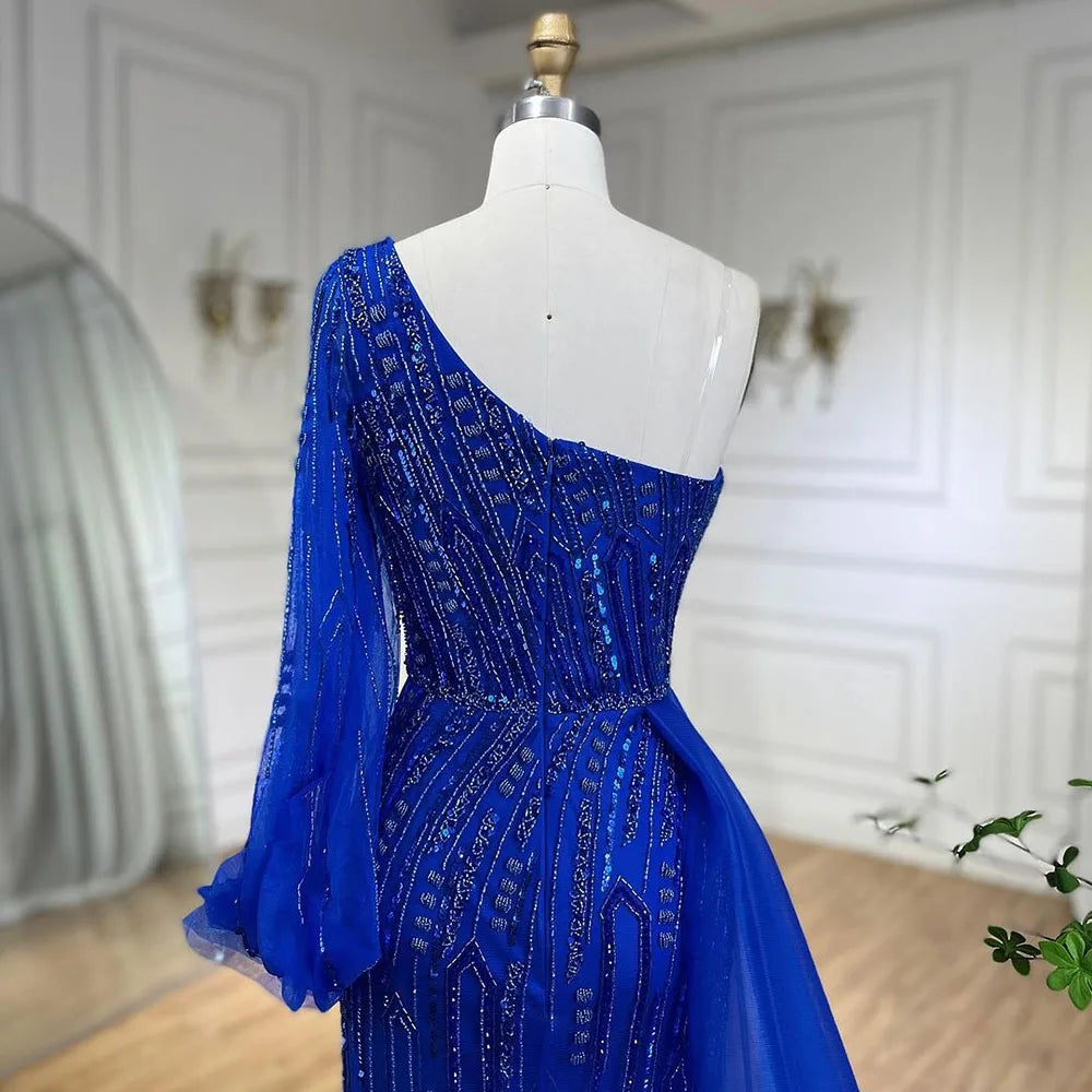 Vestido de noche árabe de sirena azul con sobrefalda de cuentas - Vestidos de lujo para bodas de mujer 2025 LA72226 