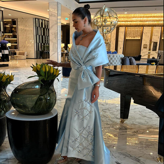 Arabisch Blau Meerjungfrau Satin Trägerlos Mit Jacke Perlen Abendkleider Kleider 2025 Für Frauen Hochzeit Party LA71895 