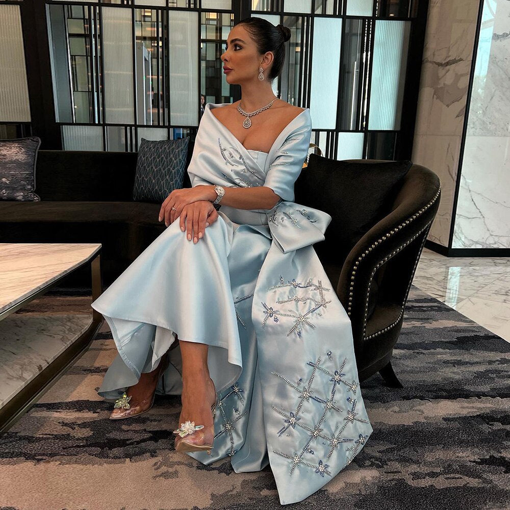 Arabisch Blau Meerjungfrau Satin Trägerlos Mit Jacke Perlen Abendkleider Kleider 2025 Für Frauen Hochzeit Party LA71895 