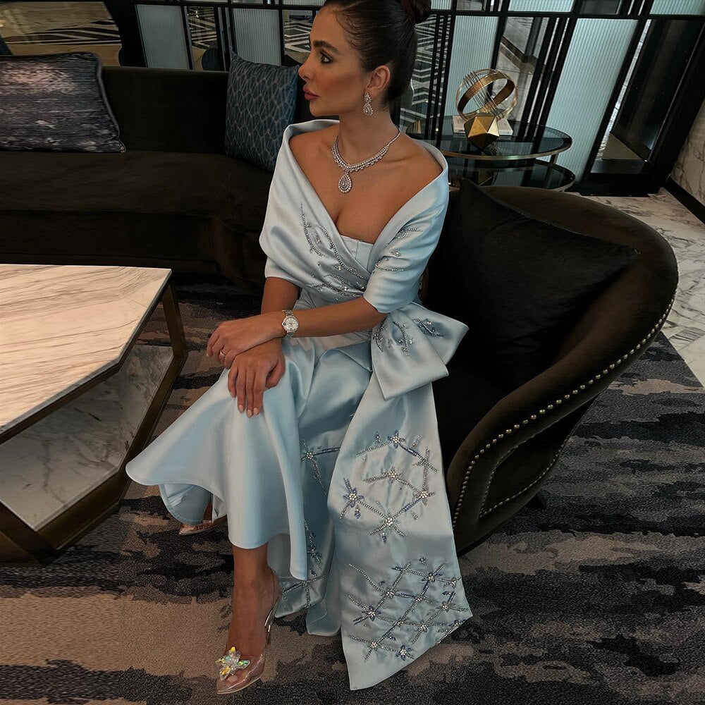 Arabisch Blau Meerjungfrau Satin Trägerlos Mit Jacke Perlen Abendkleider Kleider 2025 Für Frauen Hochzeit Party LA71895 