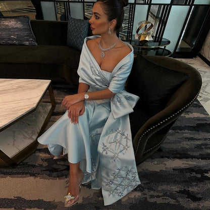 Arabisch Blau Meerjungfrau Satin Trägerlos Mit Jacke Perlen Abendkleider Kleider 2025 Für Frauen Hochzeit Party LA71895 