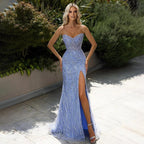 Arabisch Blau Meerjungfrau Sexy High Split Perlen Luxus Dubai Abendkleider Kleider Für Frauen Hochzeit Party 2025 LA71981 