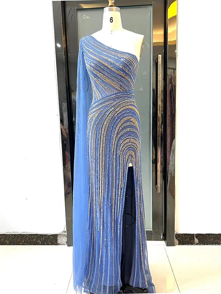 Arabic Blue Mermaid Sexy High Split Cape Sleeve Beaded Evening Dresses Gowns 2025 For Women Wedding Party LA71933
