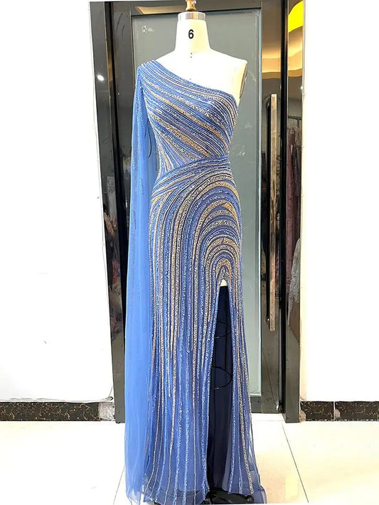 Arabisch Blau Meerjungfrau Sexy High Split Cape Sleeve Perlen Abendkleider Kleider 2025 Für Frauen Hochzeit Party LA71933 
