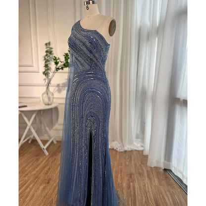 Arabisch Blau Meerjungfrau Sexy High Split Cape Sleeve Perlen Abendkleider Kleider 2025 Für Frauen Hochzeit Party LA71933 