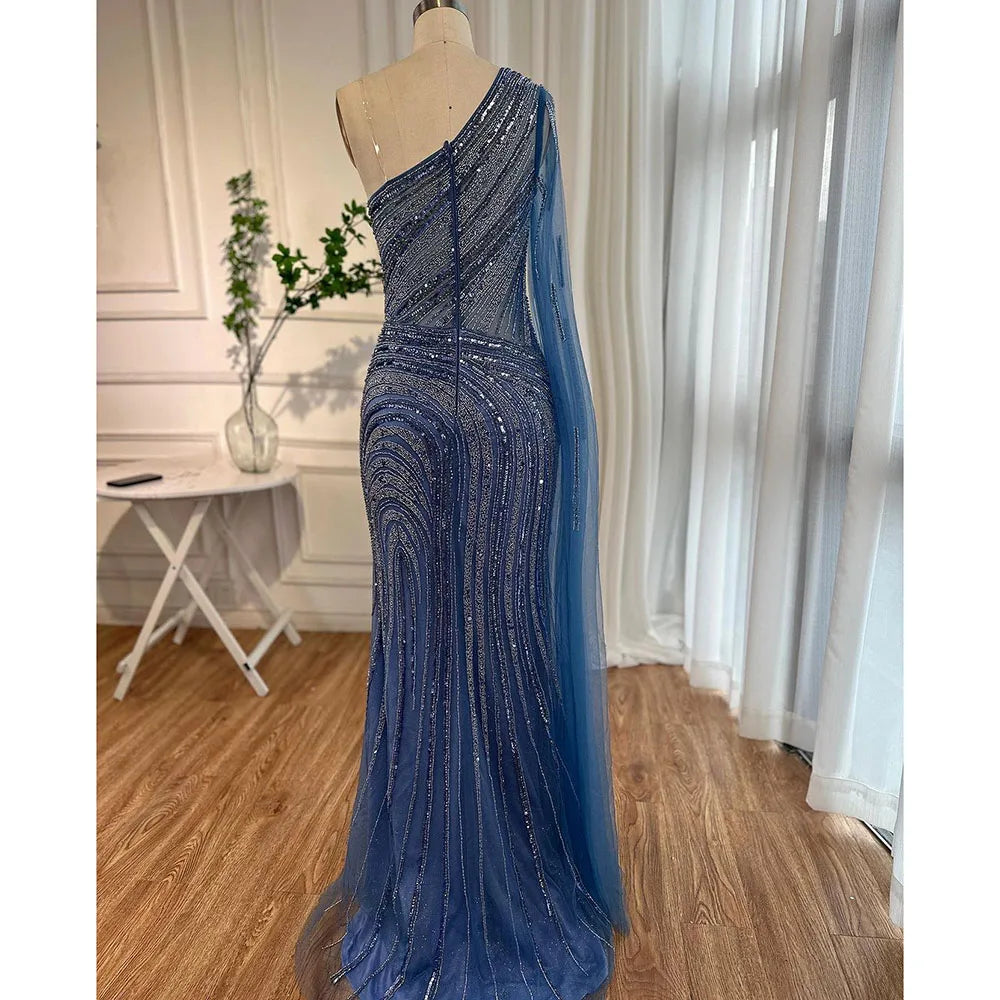 Arabisch Blau Meerjungfrau Sexy High Split Cape Sleeve Perlen Abendkleider Kleider 2025 Für Frauen Hochzeit Party LA71933 