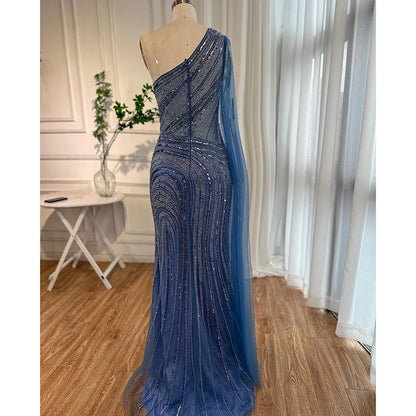 Arabisch Blau Meerjungfrau Sexy High Split Cape Sleeve Perlen Abendkleider Kleider 2025 Für Frauen Hochzeit Party LA71933 