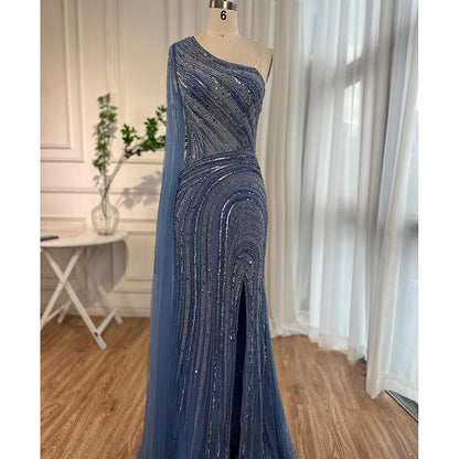 Arabisch Blau Meerjungfrau Sexy High Split Cape Sleeve Perlen Abendkleider Kleider 2025 Für Frauen Hochzeit Party LA71933 