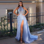 Arabic Blue Mermaid Sleeveless Sexy High Split Beaded Evening Dresses Gowns For Women Wedding Party 2025 LA71980
