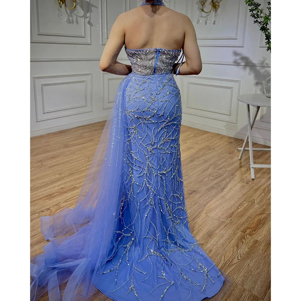 Arabisch Blau Meerjungfrau Ärmellose Sexy High Split Perlen Abendkleider Kleider Für Frauen Hochzeit Party 2025 LA71980 