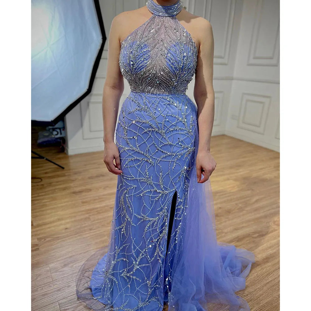 Arabisch Blau Meerjungfrau Ärmellose Sexy High Split Perlen Abendkleider Kleider Für Frauen Hochzeit Party 2025 LA71980 