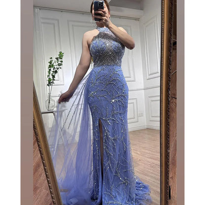 Arabisch Blau Meerjungfrau Ärmellose Sexy High Split Perlen Abendkleider Kleider Für Frauen Hochzeit Party 2025 LA71980 