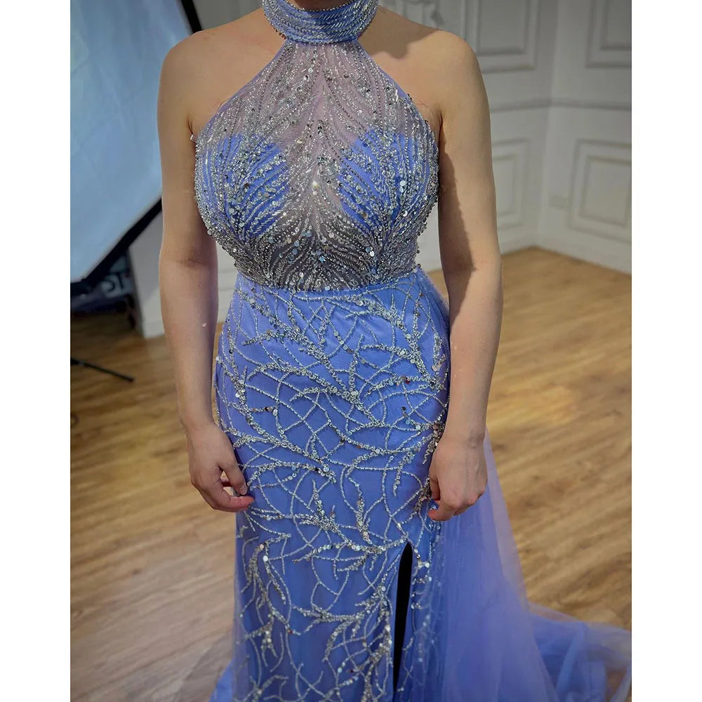 Arabisch Blau Meerjungfrau Ärmellose Sexy High Split Perlen Abendkleider Kleider Für Frauen Hochzeit Party 2025 LA71980 