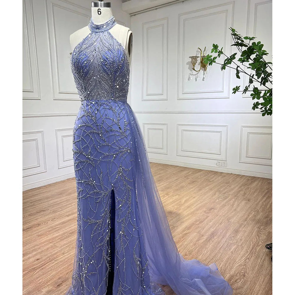 Arabisch Blau Meerjungfrau Ärmellose Sexy High Split Perlen Abendkleider Kleider Für Frauen Hochzeit Party 2025 LA71980 