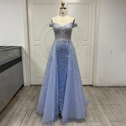 Arabisch Blau Meerjungfrau Mit Überrock Sexy Boot-ausschnitt Perlen Abendkleider Kleider Für Frau Hochzeit Party 2025 LA71796A 