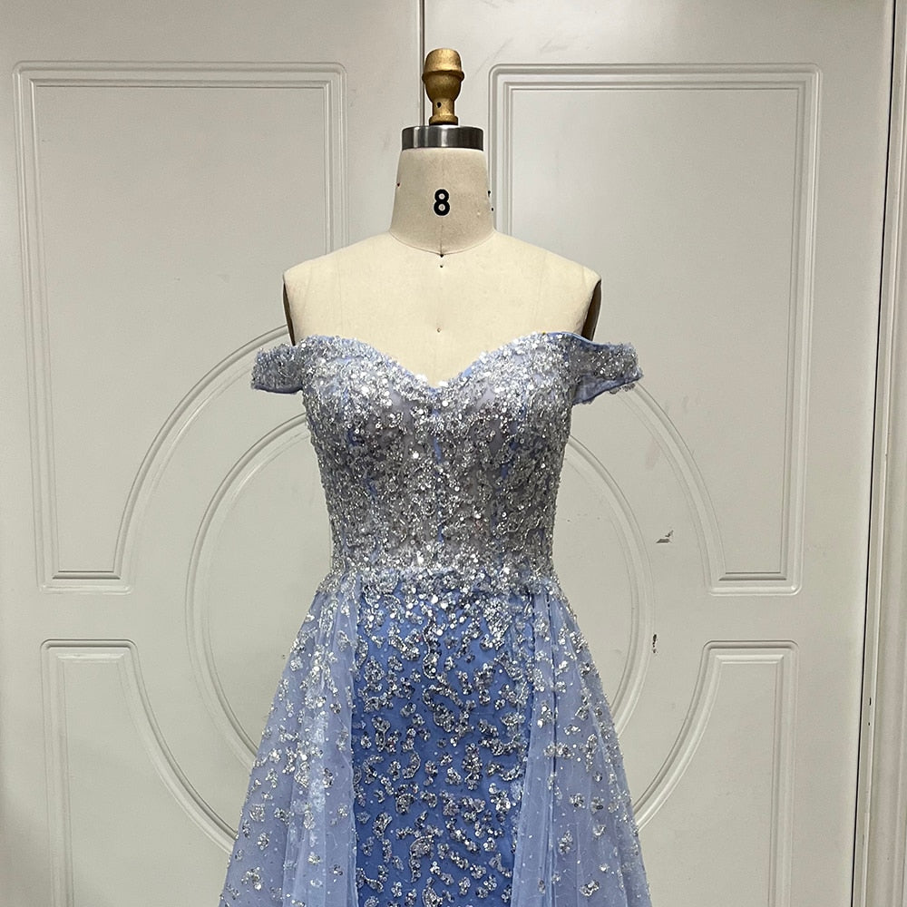Arabisch Blau Meerjungfrau Mit Überrock Sexy Boot-ausschnitt Perlen Abendkleider Kleider Für Frau Hochzeit Party 2025 LA71796A 