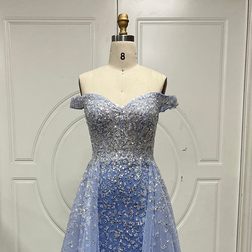 Arabic Blue Mermaid With Overskirt Sexy Boat Neck Beaded Evening Dresses Gowns For Woman Wedding Party 2025 LA71796A