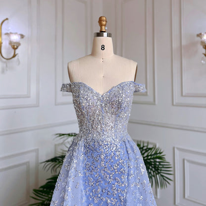 Arabisch Blau Meerjungfrau Mit Überrock Sexy Boot-ausschnitt Perlen Abendkleider Kleider Für Frau Hochzeit Party 2025 LA71796A 