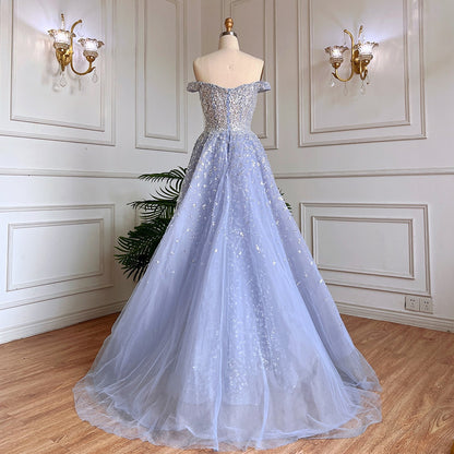 Arabisch Blau Meerjungfrau Mit Überrock Sexy Boot-ausschnitt Perlen Abendkleider Kleider Für Frau Hochzeit Party 2025 LA71796A 