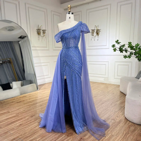 Arabisch Blau One-Shoulder Gelb High-Split Meerjungfrau Perlenbesetztes Abendkleid für Damen | Hochzeitsfeier 2025 LA72596 