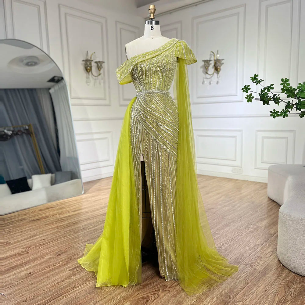 Vestido de noche árabe azul de un solo hombro amarillo con corte sirena y cuentas para mujer | Fiesta de bodas 2025 LA72596 