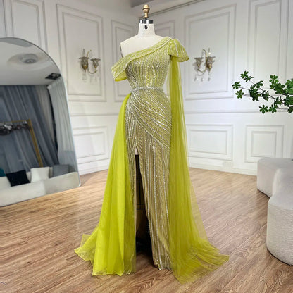 Vestido de noche árabe azul de un solo hombro amarillo con corte sirena y cuentas para mujer | Fiesta de bodas 2025 LA72596 