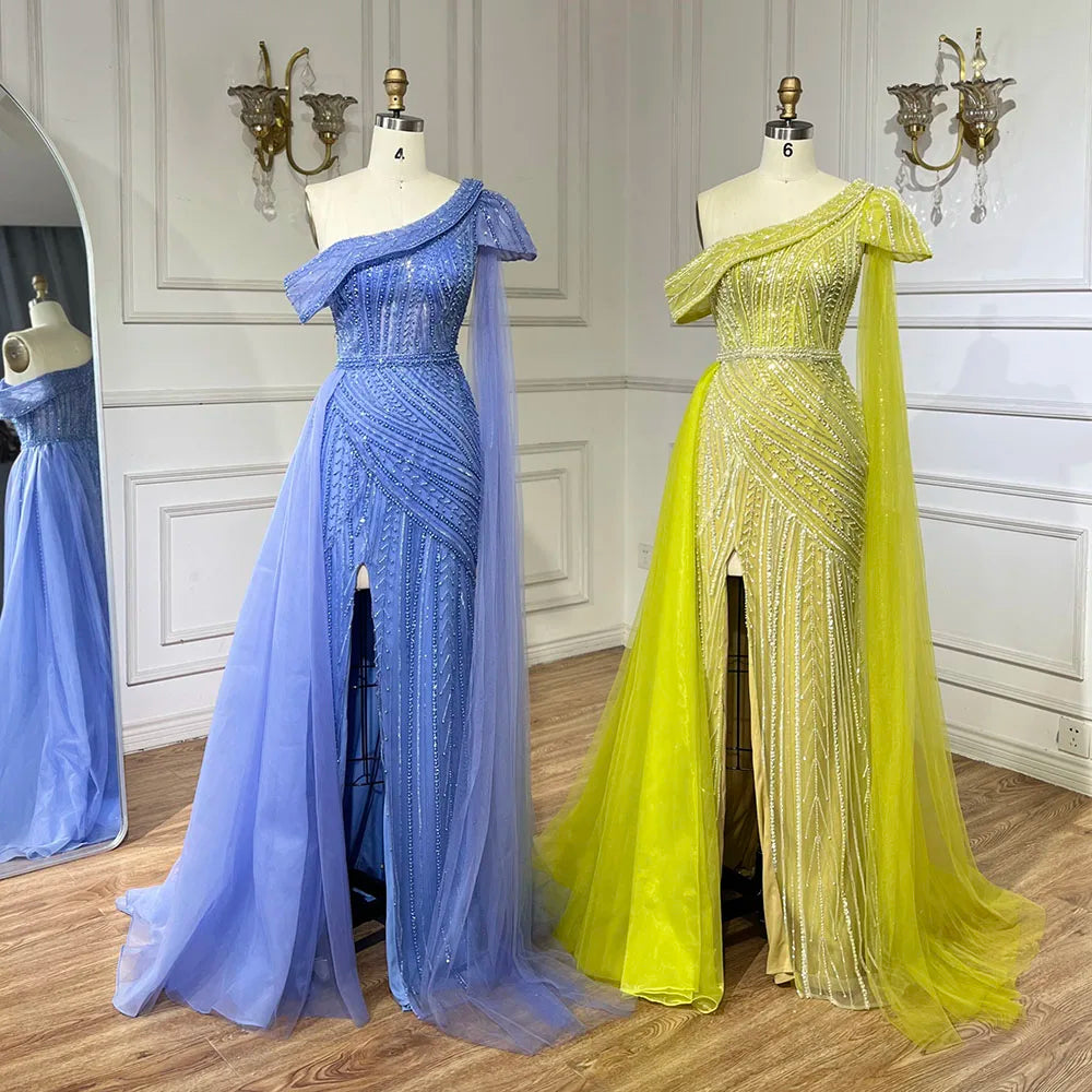 Vestido de noche árabe azul de un solo hombro amarillo con corte sirena y cuentas para mujer | Fiesta de bodas 2025 LA72596 
