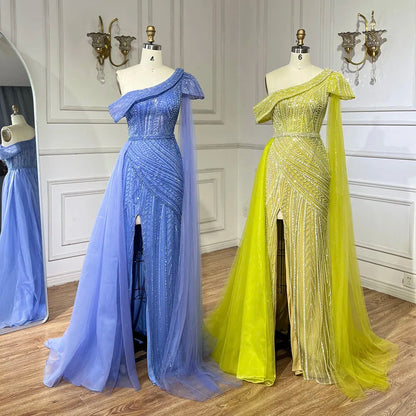 Vestido de noche árabe azul de un solo hombro amarillo con corte sirena y cuentas para mujer | Fiesta de bodas 2025 LA72596 