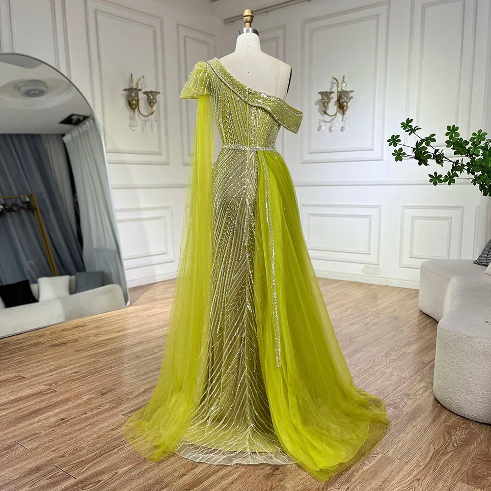 Vestido de noche árabe azul de un solo hombro amarillo con corte sirena y cuentas para mujer | Fiesta de bodas 2025 LA72596 