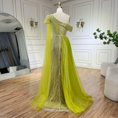 Vestido de noche árabe azul de un solo hombro amarillo con corte sirena y cuentas para mujer | Fiesta de bodas 2025 LA72596 
