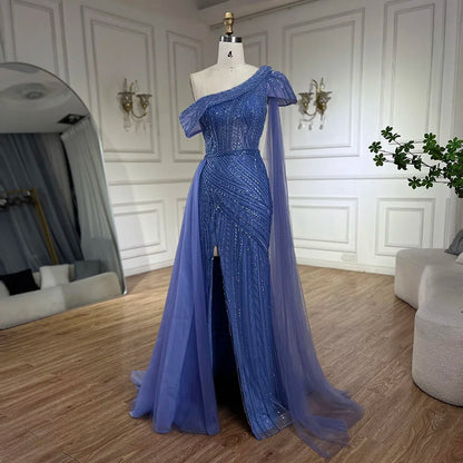 Vestido de noche árabe azul de un solo hombro amarillo con corte sirena y cuentas para mujer | Fiesta de bodas 2025 LA72596 