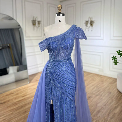 Vestido de noche árabe azul de un solo hombro amarillo con corte sirena y cuentas para mujer | Fiesta de bodas 2025 LA72596 