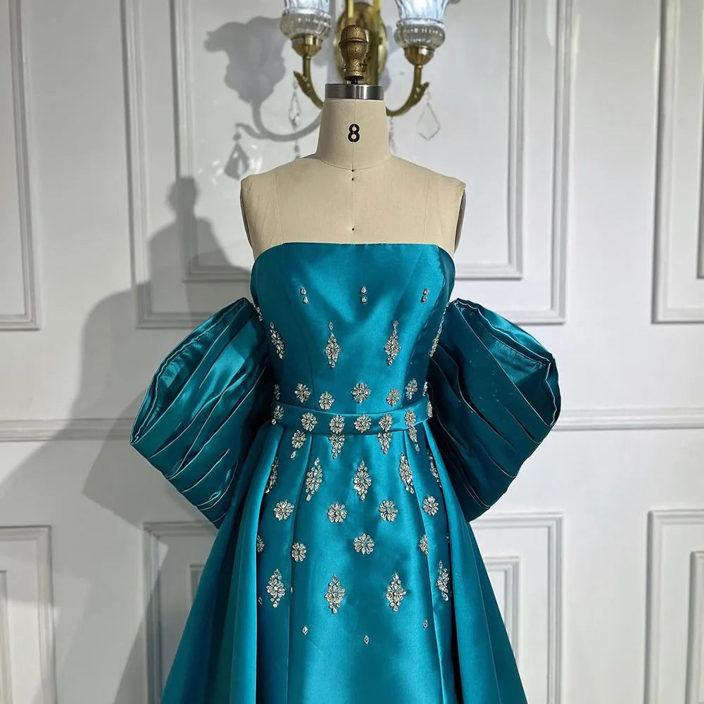 Arabisch Blau Satin Meerjungfrau Trägerlosen Puff Ärmeln Perlen Abendkleider Kleider für Frauen Hochzeit Party 2025 LA72405 