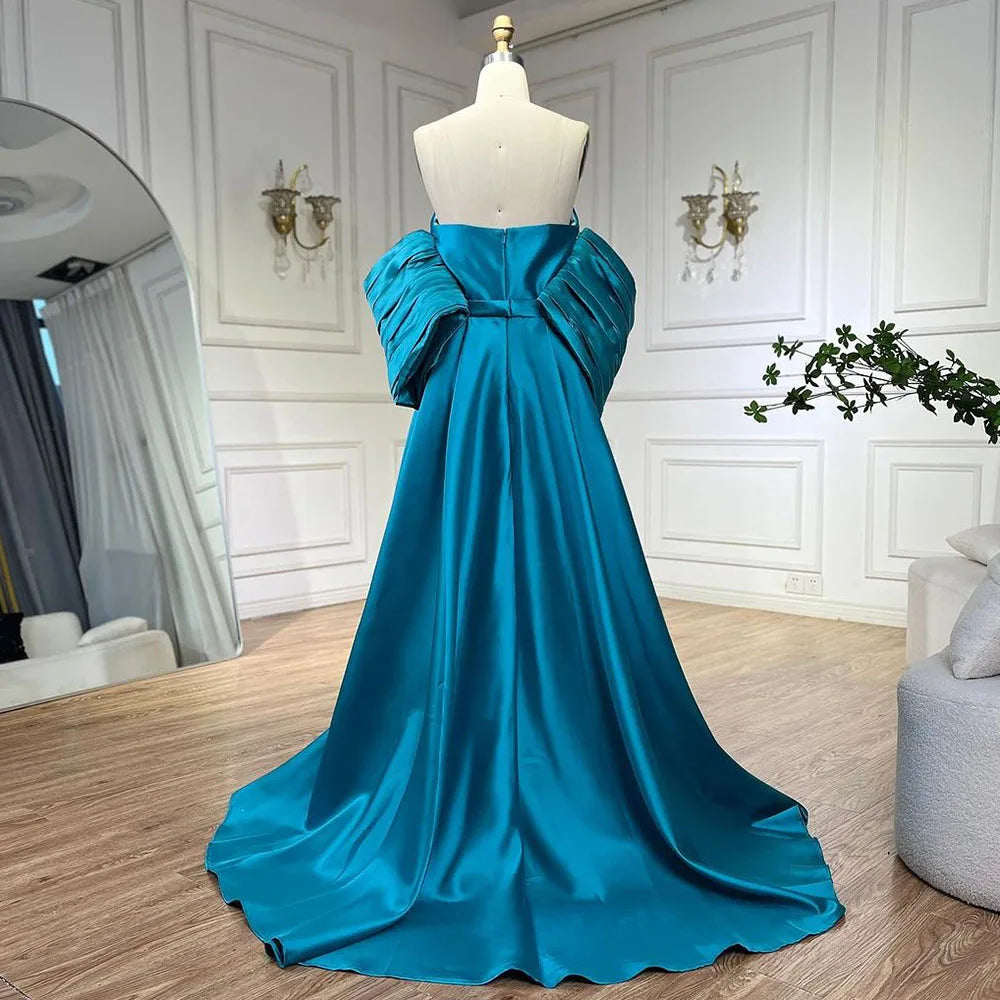 Arabisch Blau Satin Meerjungfrau Trägerlosen Puff Ärmeln Perlen Abendkleider Kleider für Frauen Hochzeit Party 2025 LA72405 