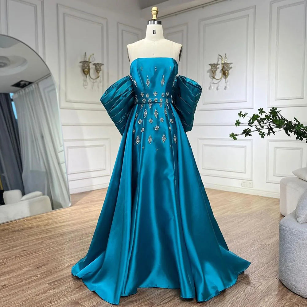 Arabisch Blau Satin Meerjungfrau Trägerlosen Puff Ärmeln Perlen Abendkleider Kleider für Frauen Hochzeit Party 2025 LA72405 