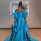 Arabic Blue Satin Mermaid Strapless Puff Sleeves Beaded Evening Dresses Gowns for Women Wedding Party 2025 LA72405