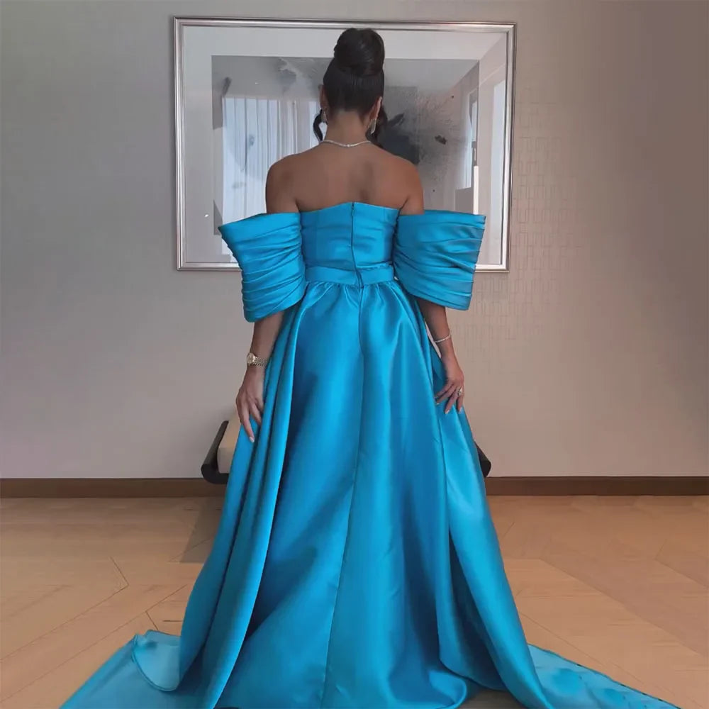Arabisch Blau Satin Meerjungfrau Trägerlosen Puff Ärmeln Perlen Abendkleider Kleider für Frauen Hochzeit Party 2025 LA72405 
