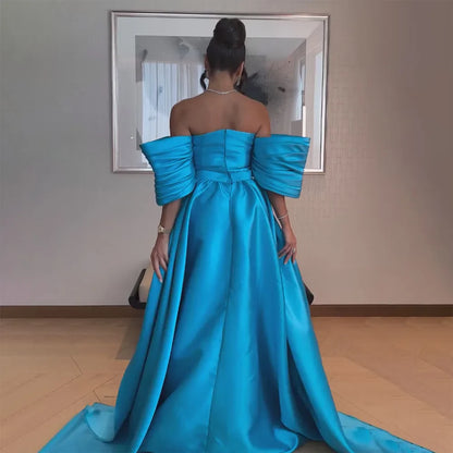Arabisch Blau Satin Meerjungfrau Trägerlosen Puff Ärmeln Perlen Abendkleider Kleider für Frauen Hochzeit Party 2025 LA72405 