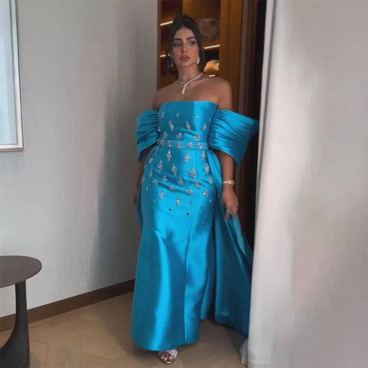 Arabisch Blau Satin Meerjungfrau Trägerlosen Puff Ärmeln Perlen Abendkleider Kleider für Frauen Hochzeit Party 2025 LA72405 