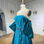 Arabic Blue Satin Mermaid Strapless Puff Sleeves Beaded Evening Dresses Gowns for Women Wedding Party 2025 LA72405